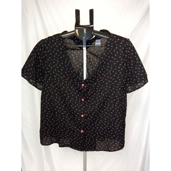 Shein Women's Vintage Style Cherry Pattern Black Red Blouse Size Large - Picture 1 of 6